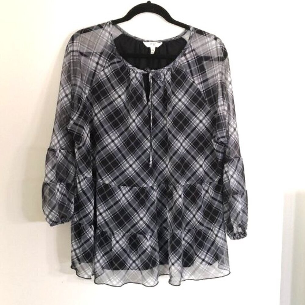 NWOT Terra & Sky Plaid Mesh Peasant Blouse Sheer Long Sleeves Size 1X (16W-18W)